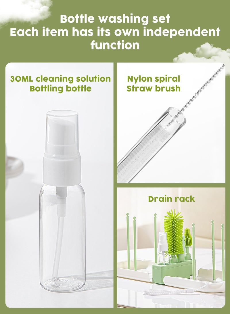مجموعة تنظيف زجاجات الأطفال 6 في 1 مع فرشاة سيليكون وفرشاة حلمة وفرشاة قش ورف تجفيف (دب أخضر)