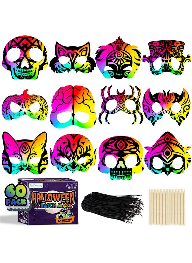 ArtCreativity Halloween Scratch Masks for Kids - Set of 60 Craft Masks with Elastic Strings and Wooden Scratch Sticks - Halloween Party Kits for Ages 4-12 - Image 1