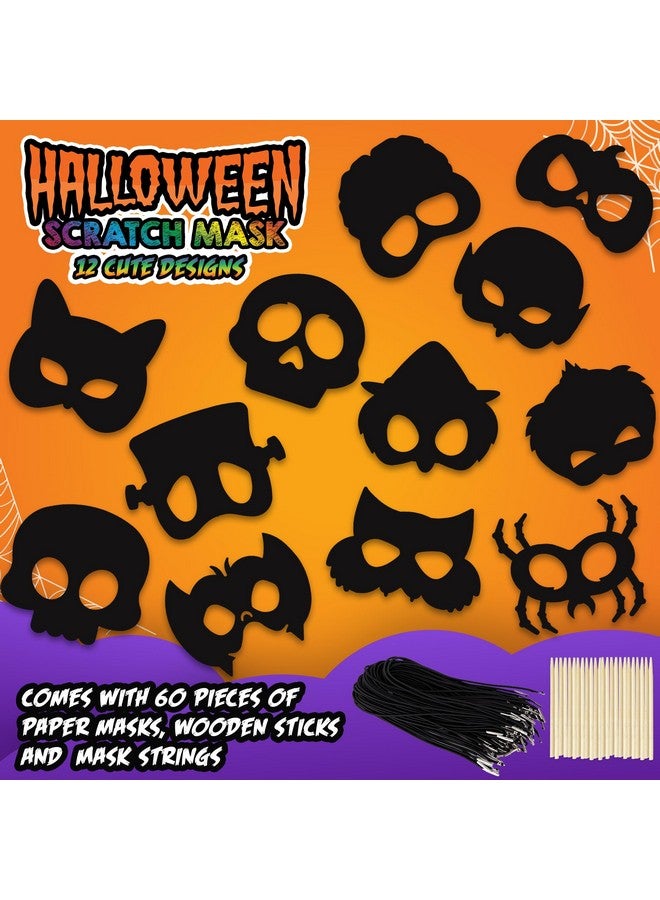 ArtCreativity Halloween Scratch Masks for Kids - Set of 60 Craft Masks with Elastic Strings and Wooden Scratch Sticks - Halloween Party Kits for Ages 4-12 - Image 3