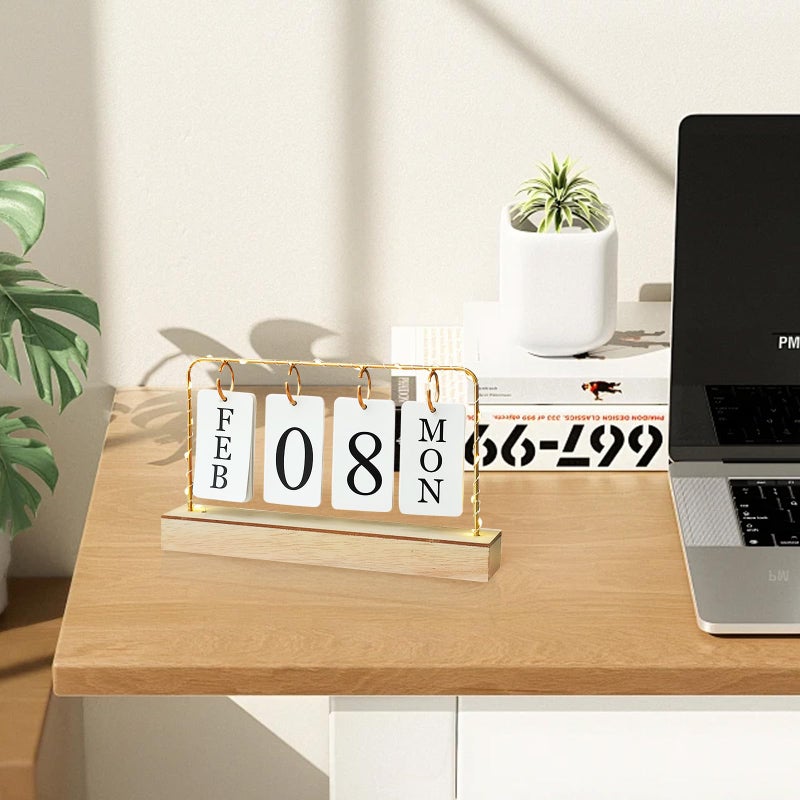 AUSTUFF Flip Wooden Perpetual Calendar Metal Desk Calendar 2023 For Daily Office Home Decor Monthly Weekly Year Planner Standing Kitchen Desk Decor Calendar White color - Image 3