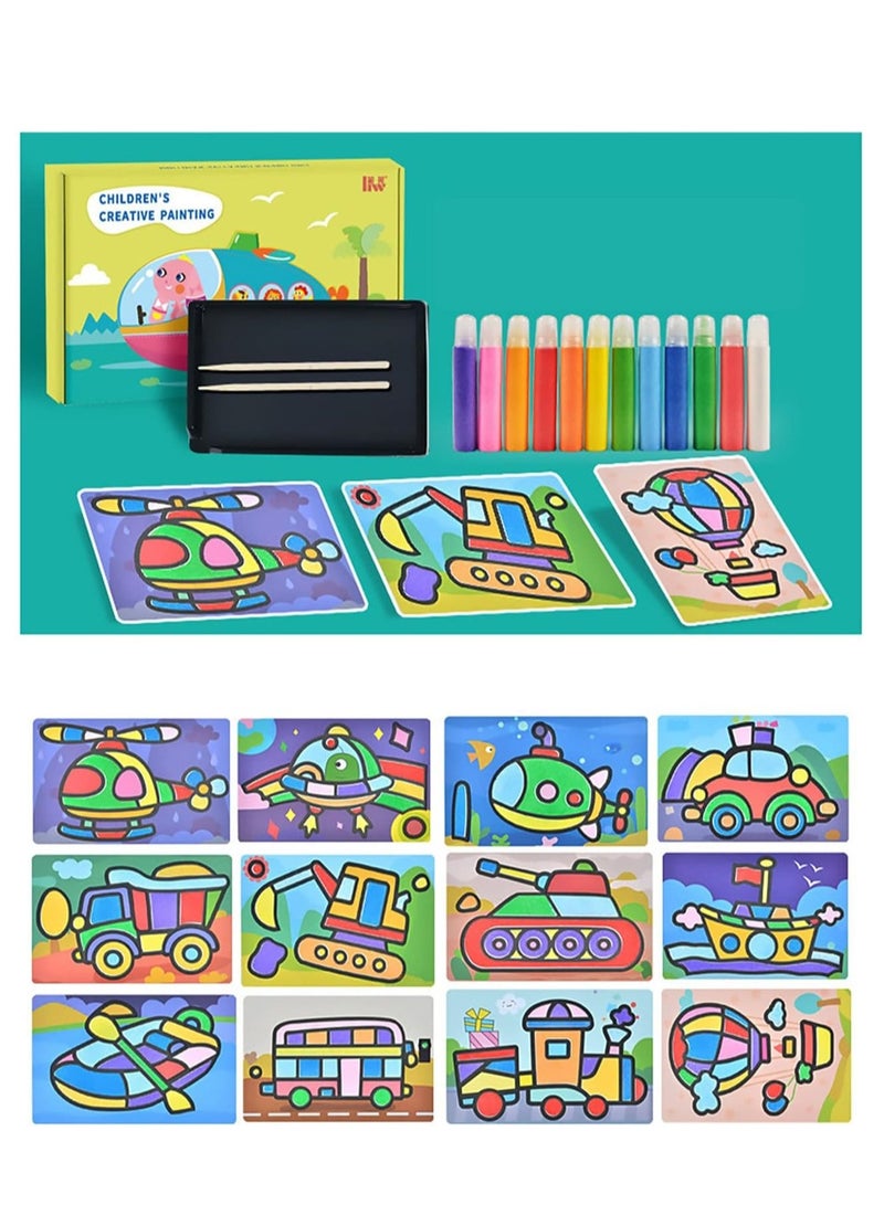 KASTWAVE Sand Painting Kit for Kids, Complete Sand Painting Tool Colored Sand Paintings with 12 Sand and 12 Paintings, Table Sand Art Toys DIY Sand Art, Brush Wooden Pen Sand for Kids - Image 3