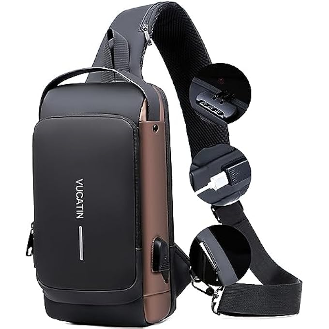 VUCATIN Crossbody Sling Bag Body Chest Shoulder Bag for Men Women Casual Shoulder Backpack Bag Waterproof Leather Chest Casual Daypack with Usb Charging Port for Travel Hiking - Image 1