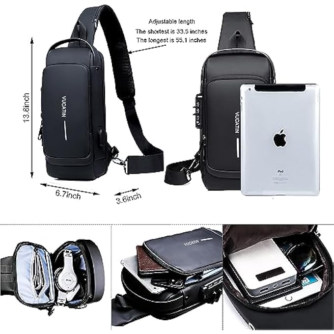 VUCATIN Crossbody Sling Bag Body Chest Shoulder Bag for Men Women Casual Shoulder Backpack Bag Waterproof Leather Chest Casual Daypack with Usb Charging Port for Travel Hiking - Image 5