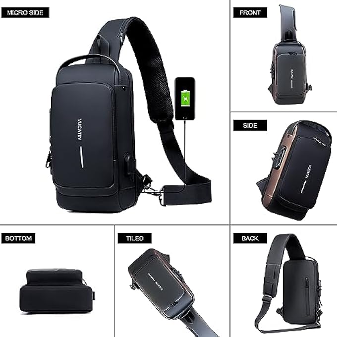 VUCATIN Crossbody Sling Bag Body Chest Shoulder Bag for Men Women Casual Shoulder Backpack Bag Waterproof Leather Chest Casual Daypack with Usb Charging Port for Travel Hiking - Image 2
