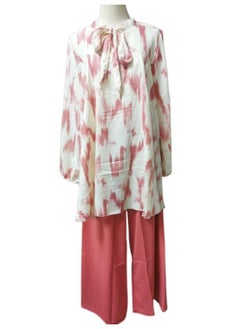 Generic Women's Cotton Linen 2-pieces Set Long Sleeve Suit With Ribbon and Wide Leg Pants Free Size T-0254  - Image 1