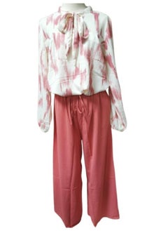 Generic Women's Cotton Linen 2-pieces Set Long Sleeve Suit With Ribbon and Wide Leg Pants Free Size T-0254  - Image 5
