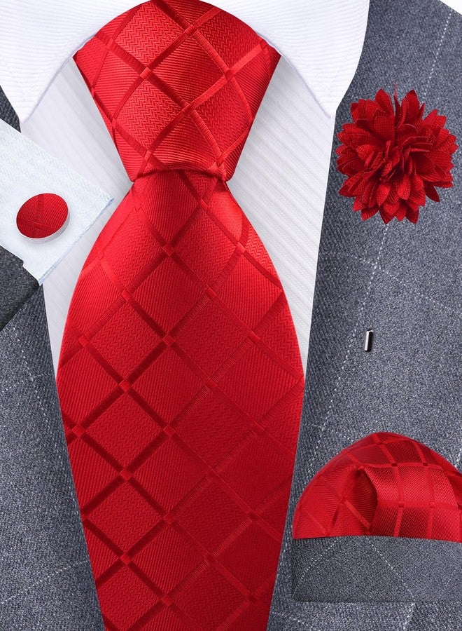 GUSLESON Mens Red Tie Party Wedding Plaid Checkered Solid Silk Necktie Pocket Square Cufflinks and Lapel Pin Brooch Set (6104-16) - Image 2