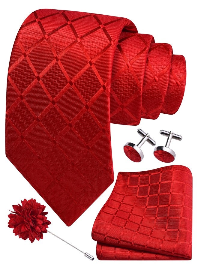 GUSLESON Mens Red Tie Party Wedding Plaid Checkered Solid Silk Necktie Pocket Square Cufflinks and Lapel Pin Brooch Set (6104-16) - Image 1