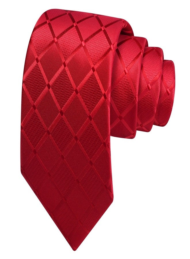 GUSLESON Mens Red Tie Party Wedding Plaid Checkered Solid Silk Necktie Pocket Square Cufflinks and Lapel Pin Brooch Set (6104-16) - Image 3