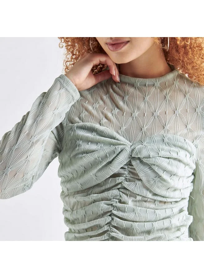 Splash FAV Textured Crew Neck Top with Ruched Detail and Long Sleeves