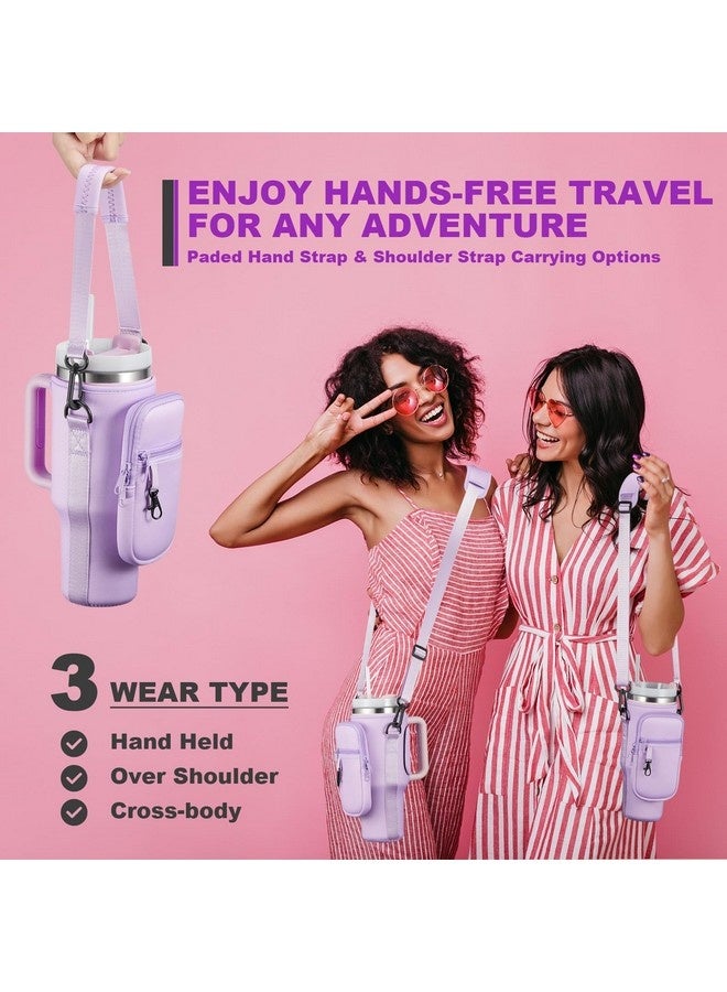 Stanly Water Bottle Carrier Bag with Phone Pocket for Stanley 40oz Tumbler Water Bottle Holder Pouch with Adjustable Shoulder Strap and Carabiner Stanley Cup Accessories for Hiking Travelling Camping (Purple) - Image 4