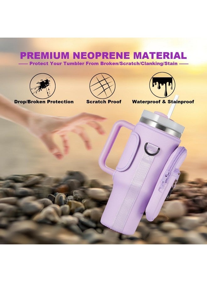 Stanly Water Bottle Carrier Bag with Phone Pocket for Stanley 40oz Tumbler Water Bottle Holder Pouch with Adjustable Shoulder Strap and Carabiner Stanley Cup Accessories for Hiking Travelling Camping (Purple) - Image 3