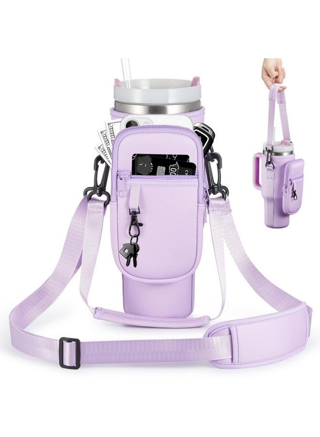 Stanly Water Bottle Carrier Bag with Phone Pocket for Stanley 40oz Tumbler Water Bottle Holder Pouch with Adjustable Shoulder Strap and Carabiner Stanley Cup Accessories for Hiking Travelling Camping (Purple) - Image 1