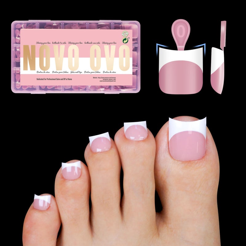 NOVO OVO Halloween Short Toe Nail Tips White French Tip with Moon Curve, BERRY PINK Thick Sharp Square Toenail Extension, Soft Gel False Nail Kit, Need Glue Builder Gel Top Coat x15 Sizes 240 pcs - Image 1