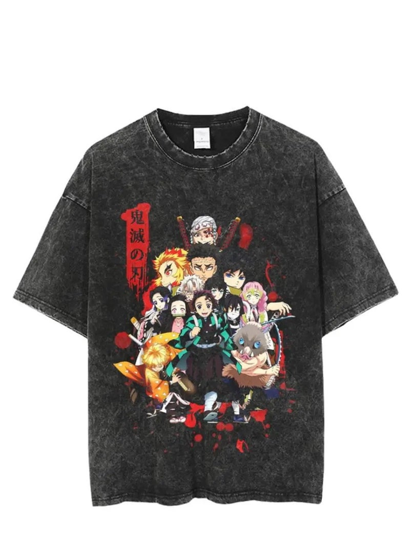Washed retro T-shirt street hip hop anime Demon Slayer Kimetsu No Yaiba casual cotton summer short sleeves  - Image 1