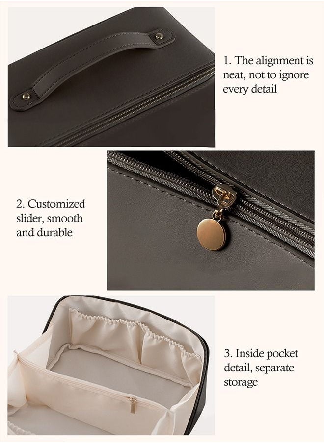 HomarKet Large-Capacity Travel Cosmetic Bag Portable Makeup Case Travel Wash Bag Waterproof Leather Makeup Bag Multifunction Toiletries Organizer Storage Bag (Black)  - Image 3