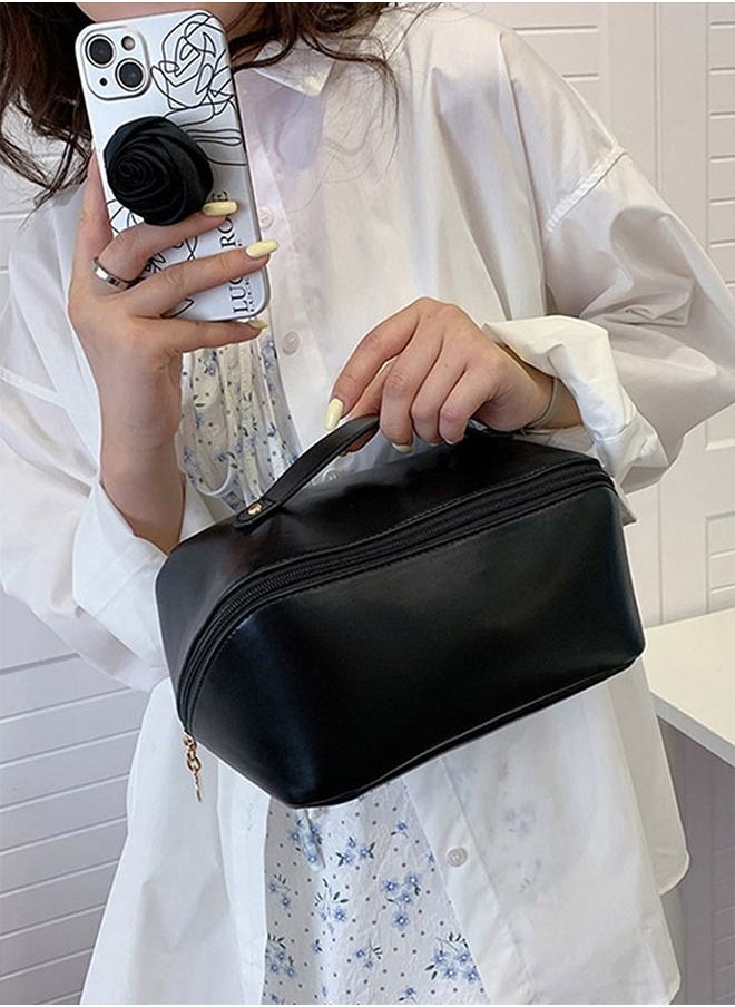HomarKet Large-Capacity Travel Cosmetic Bag Portable Makeup Case Travel Wash Bag Waterproof Leather Makeup Bag Multifunction Toiletries Organizer Storage Bag (Black)  - Image 2