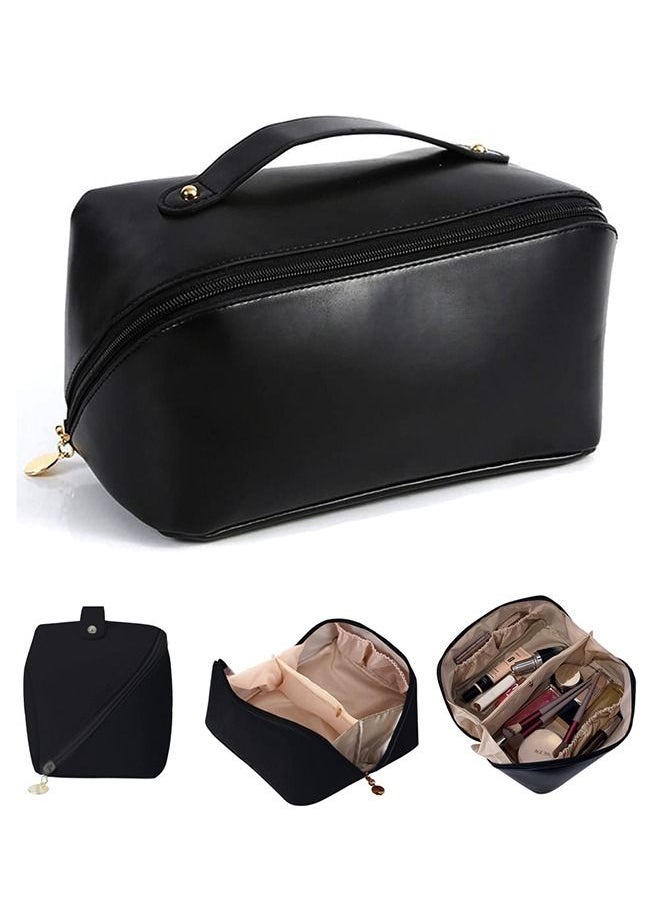 HomarKet Large-Capacity Travel Cosmetic Bag Portable Makeup Case Travel Wash Bag Waterproof Leather Makeup Bag Multifunction Toiletries Organizer Storage Bag (Black)  - Image 1