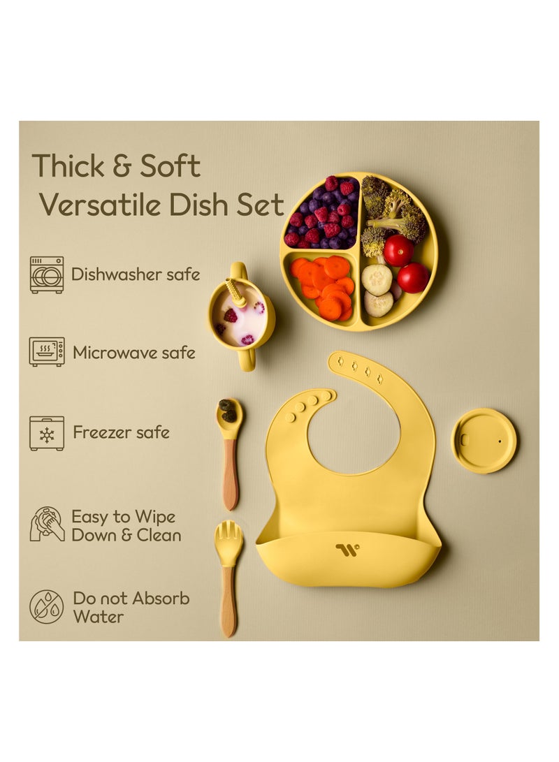 S2C S2C 6 Pcs Silicone Baby Feeding Set, Baby Led Weaning Set, Feeding Supplies for Toddlers New Born Baby Gift Set, Suction Silicone Baby Plate with Divider,Baby Feeder,Bib,Spoon (YELLOW) - Image 2