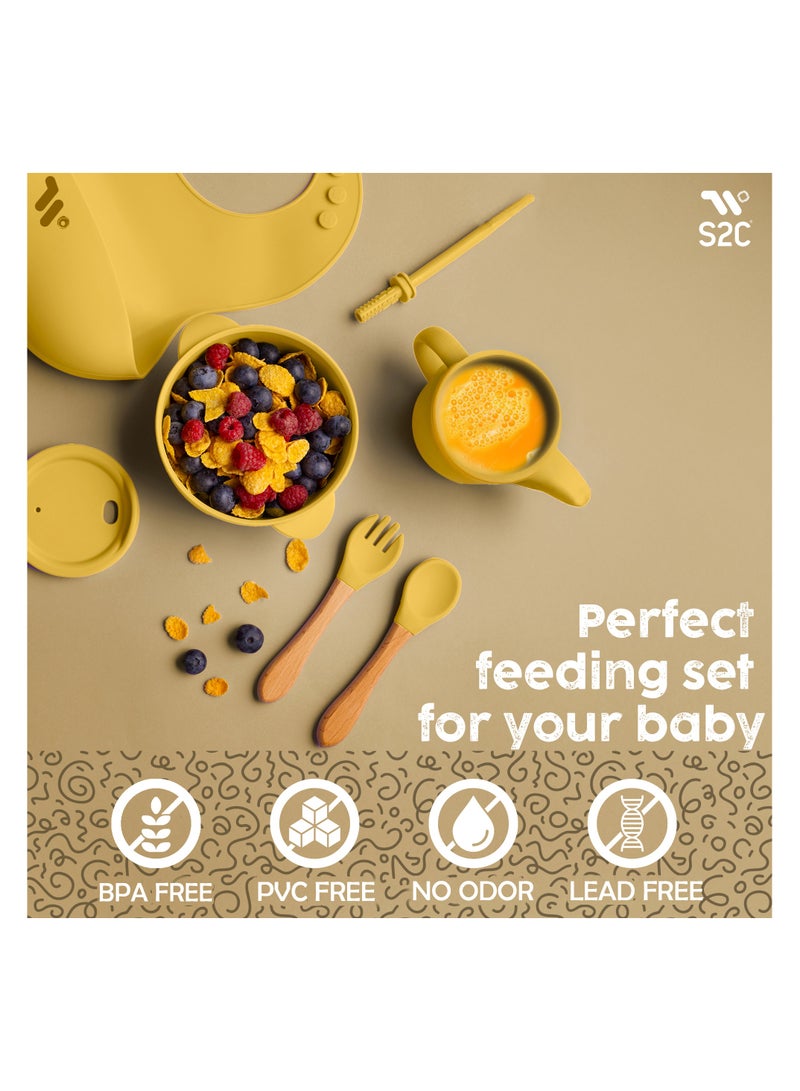 S2C S2C 6 Pcs Silicone Baby Feeding Set, Baby Led Weaning Set, Feeding Supplies for Toddlers New Born Baby Gift Set, Suction Silicone Baby Plate with Divider,Baby Feeder,Bib,Spoon (YELLOW) - Image 3