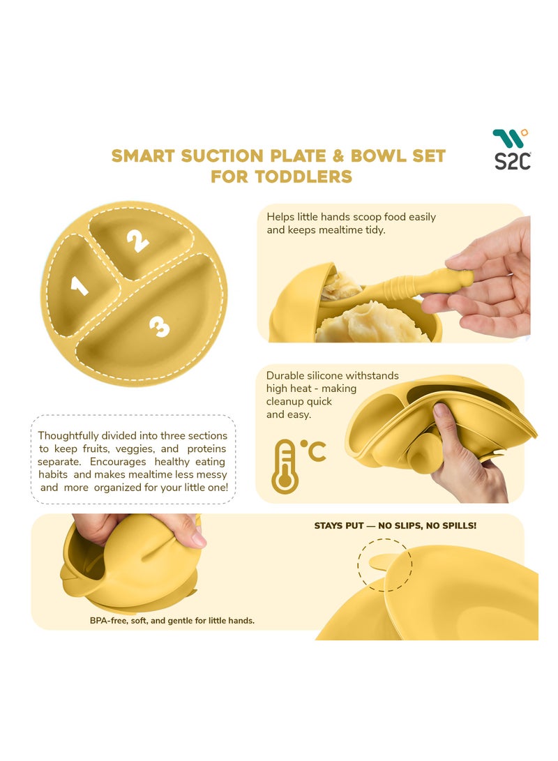 S2C S2C 6 Pcs Silicone Baby Feeding Set, Baby Led Weaning Set, Feeding Supplies for Toddlers New Born Baby Gift Set, Suction Silicone Baby Plate with Divider,Baby Feeder,Bib,Spoon (YELLOW) - Image 4