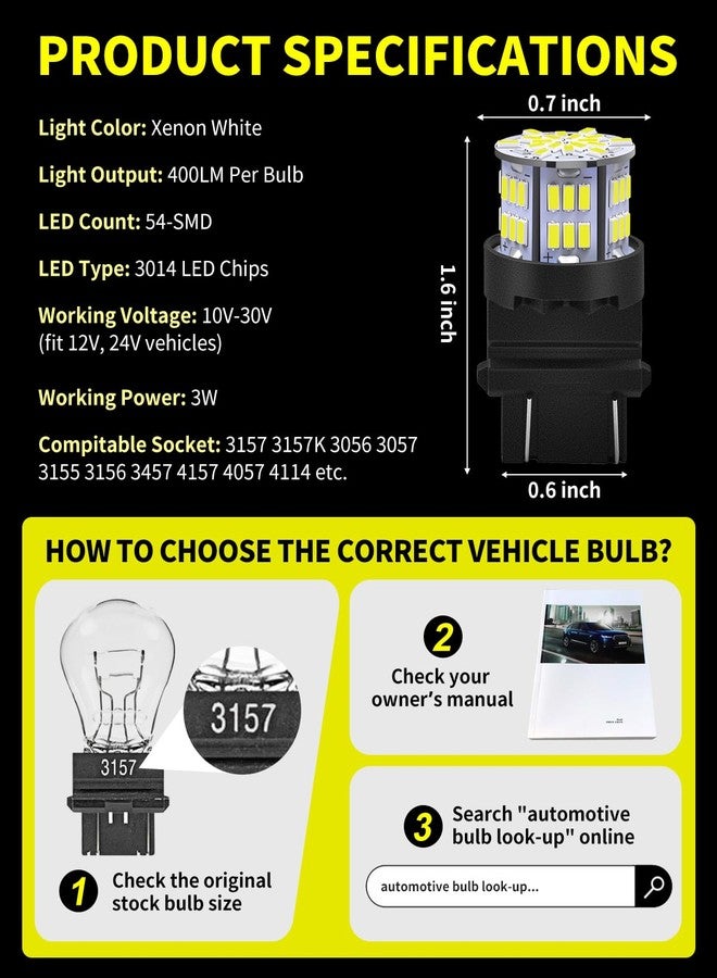 AUXLIGHT 3157 LED Bulbs 54-SMD 300% Super Bright 3056 3156 3057 3457 4057 4157 LED Light Replacement for Car Truck Backup Reverse Brake Tail Turn Signal Lights, Xenon White(Pack of 6) - Image 2