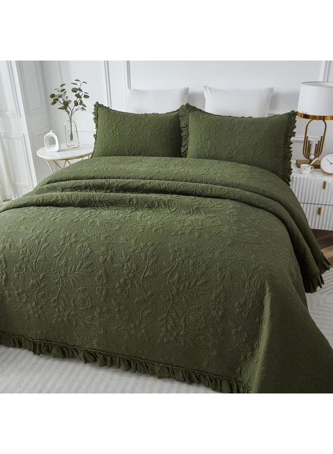 Brandream Quilt Set Full Size Cotton Matelasse Bedding Floral and Vine Stitching Lightweight Summer Ruffled Quilt Set 3-Piece Olive Green - Image 2