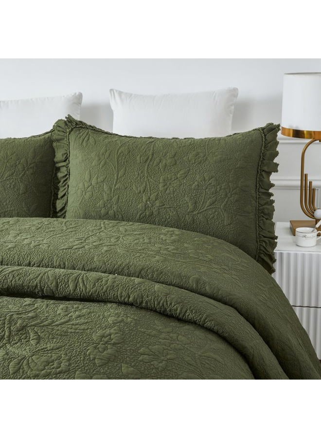 Brandream Quilt Set Full Size Cotton Matelasse Bedding Floral and Vine Stitching Lightweight Summer Ruffled Quilt Set 3-Piece Olive Green - Image 3