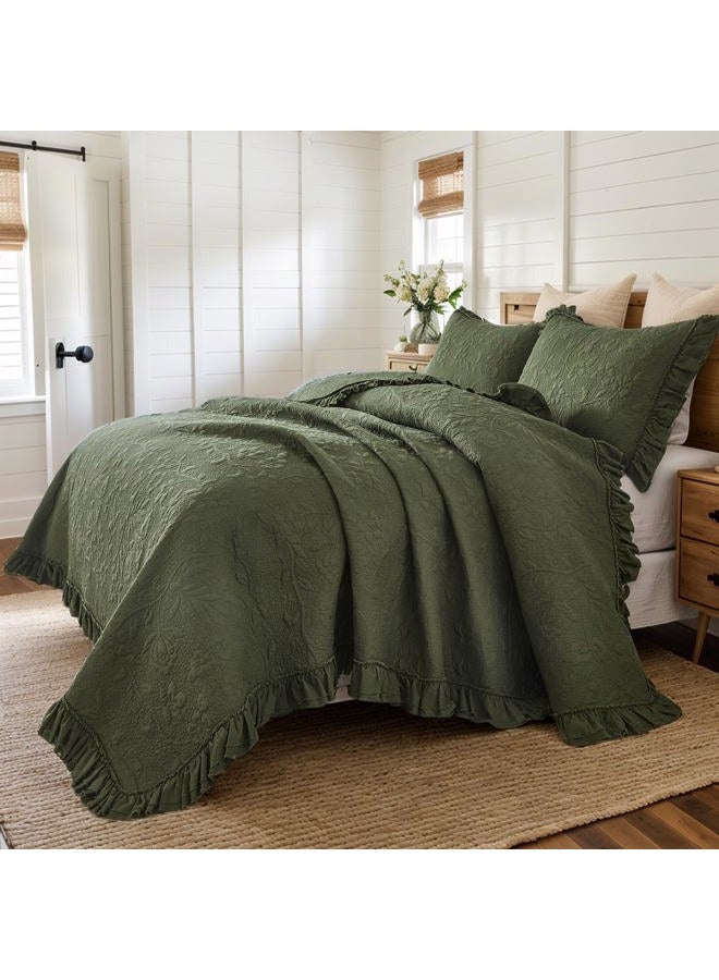 Brandream Quilt Set Full Size Cotton Matelasse Bedding Floral and Vine Stitching Lightweight Summer Ruffled Quilt Set 3-Piece Olive Green - Image 4