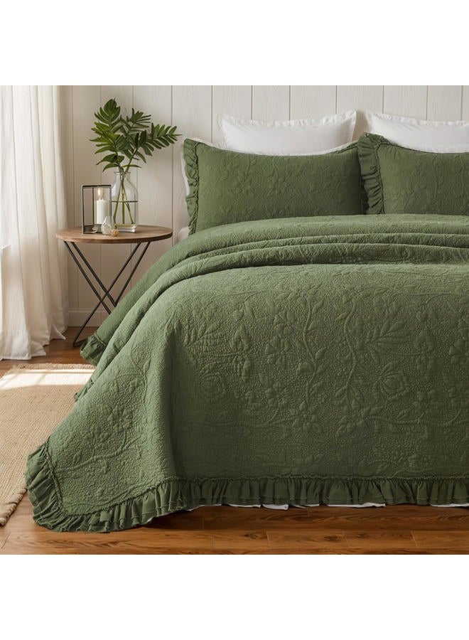 Brandream Quilt Set Full Size Cotton Matelasse Bedding Floral and Vine Stitching Lightweight Summer Ruffled Quilt Set 3-Piece Olive Green - Image 1