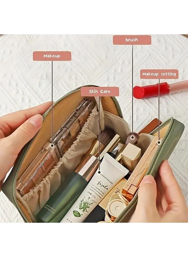 Green Elegant Makeup Brush Organizer Case with Zipper Closure Travel Cosmetic Storage Bag Interior Compartments Structured Handle for Women Vanity On The Go Organization - Image 1