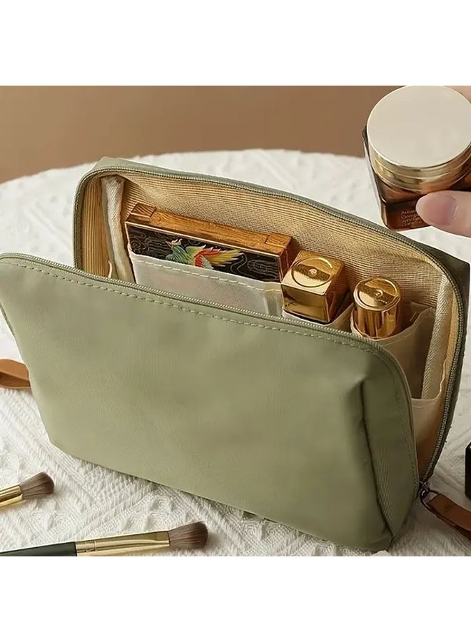 Green Elegant Makeup Brush Organizer Case with Zipper Closure Travel Cosmetic Storage Bag Interior Compartments Structured Handle for Women Vanity On The Go Organization - Image 4