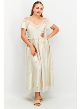 Women Laced Maxi Party Dress, Beige