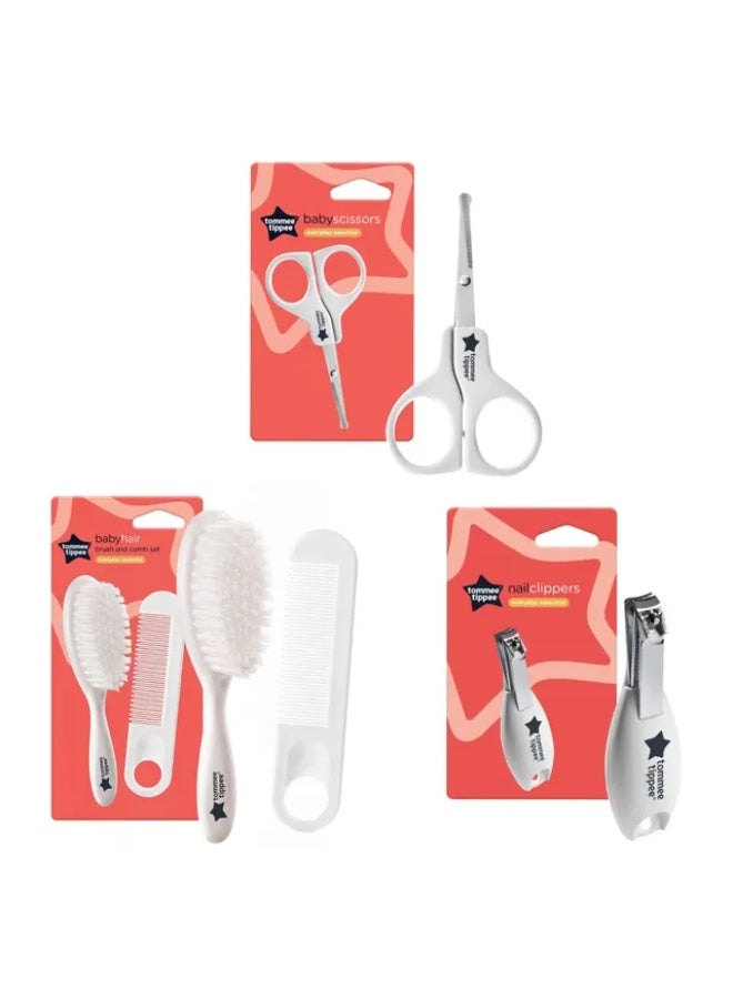 Tommee Tippee UK Tommee Tippee Baby Brush & Comb - White, Nail Scissors - White And Nail Clippers - White - Package May Vary