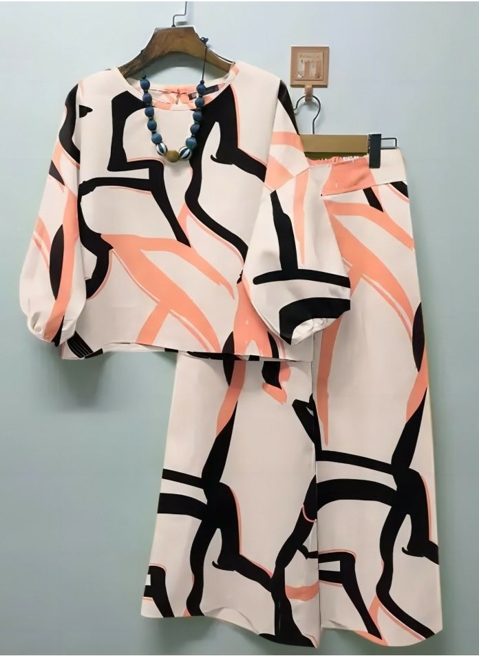 Loquat - Women's Printed 2 Piece Set Long Sleeve Blouse And Loose Pants Casual Suit - Image 1
