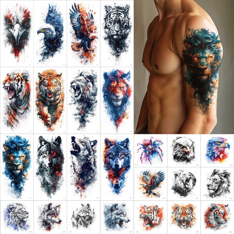 Everjoy 25 Sheets Tough Beast Temporary Tattoo Stickers, 12 Sheets Large Arm Watercolor Animals Fake Tattoos, 13 Pcs Small Animals Tattoo Stickers For Men and Women - Image 1