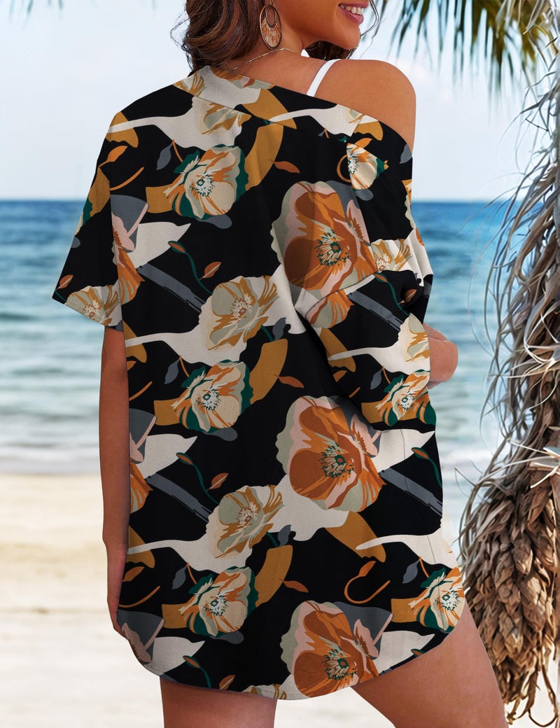REDHOTYPE Women's 2 Piece Outfits Kimono Style Tropical Print Cover Ups Half Sleeve Blouse Shorts Set Summer Beachwear,Vintage Flower 01,S - Image 4