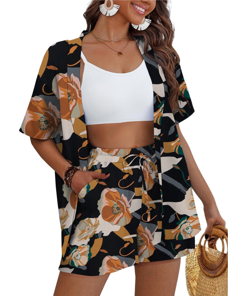 REDHOTYPE Women's 2 Piece Outfits Kimono Style Tropical Print Cover Ups Half Sleeve Blouse Shorts Set Summer Beachwear,Vintage Flower 01,S - Image 1