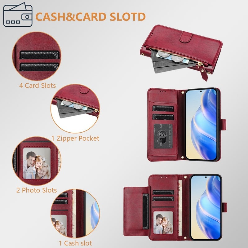 HuHa Protective Cover For Infinix Zero 40 4G / Zero 40 5G Multi-Card Slots Zipper Wallet Leather Phone Case(Dark Red) - Image 5