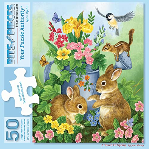 Bits and Pieces 50 Piece Puzzles for Adults A Touch of Spring 50 Extra Large Pieces 15 x 19 Jigsaw Puzzles Bunnies Rabbits Easter Random Die Cut Pieces No 2 are Alike - Image 1