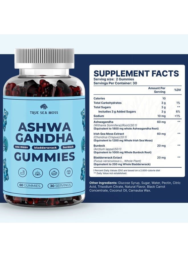 True Sea Moss Irish Sea Moss Gummies with Burdock Root & Bladderwrack - Vegan Seamoss Supplement for Women, Men & Kids, Non-GMO, 60 Sea Moss Gummies (60 Gummies, Ashwagandha) - Image 3
