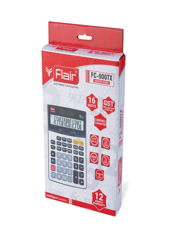 فلير آلة حاسبة مكتبية Flair FC-900 TX | آلة حاسبة بـ 16 رقمًا | وظيفة حساب ضريبة القيمة المضافة مع محول عملات | تعمل بالطاقة الشمسية | إعادة تشغيل تلقائية | 112 خطوة للتحقق والتصحيح | رمادي، عبوة من قطعة واحدة - Image 2