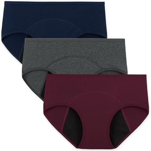 INNERSY Period Underwear for Women Teens Leak-Proof Menstrual Cotton Protective Hipster Panties 3-Pack (Light Flow (Dark Vintage), Medium) - Image 1