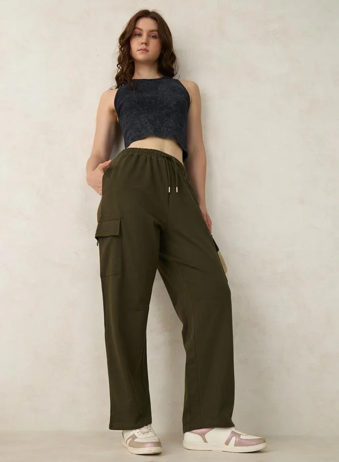 Outzidr  Olive Cargo Pocket Wide Leg Joggers for Women | Best Price UAE