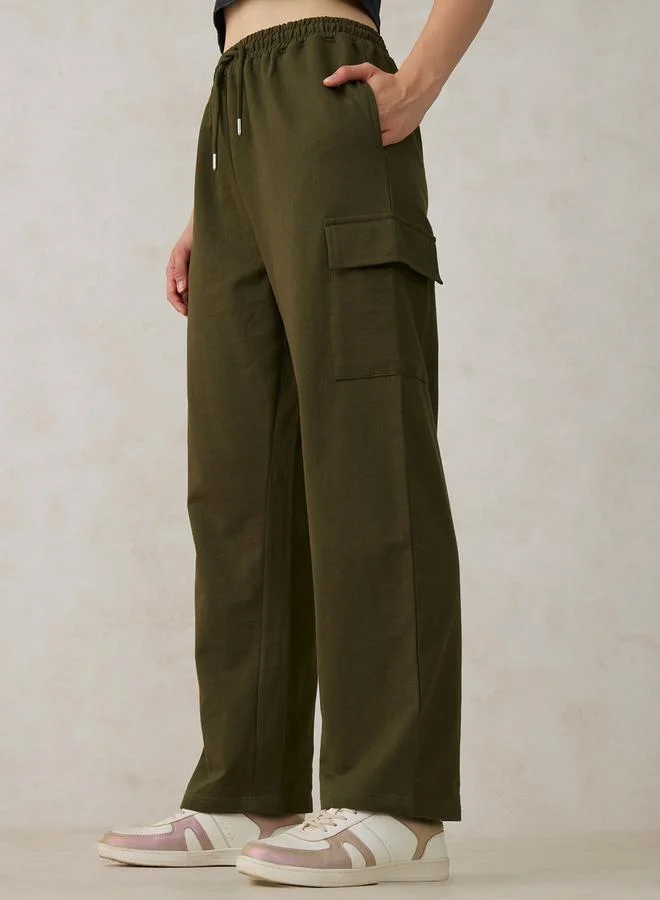 Outzidr  Olive Cargo Pocket Wide Leg Joggers for Women | Best Price UAE