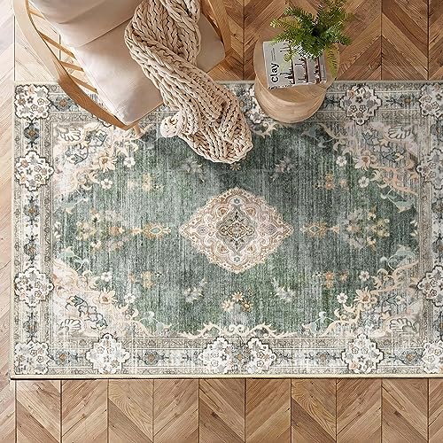 MUJOO Boho Rug 3'x5' Area Rug Small Green Rug Vintage Machine Washable Rugs for Entryway Bedroom Bedside Kitchen Hallway Living Room Laundry Room Indoor Mat Non Slip Soft Low-Pile Floral - Image 2
