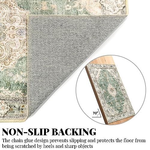 MUJOO Boho Rug 3'x5' Area Rug Small Green Rug Vintage Machine Washable Rugs for Entryway Bedroom Bedside Kitchen Hallway Living Room Laundry Room Indoor Mat Non Slip Soft Low-Pile Floral - Image 4