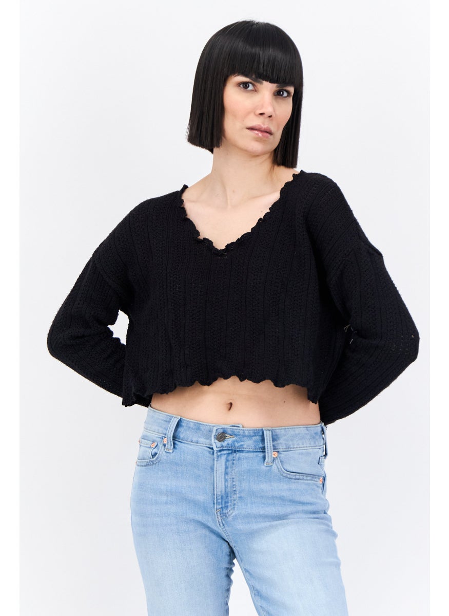 Bershka Women V-Neck Knitted Sweater, Black  - Image 1