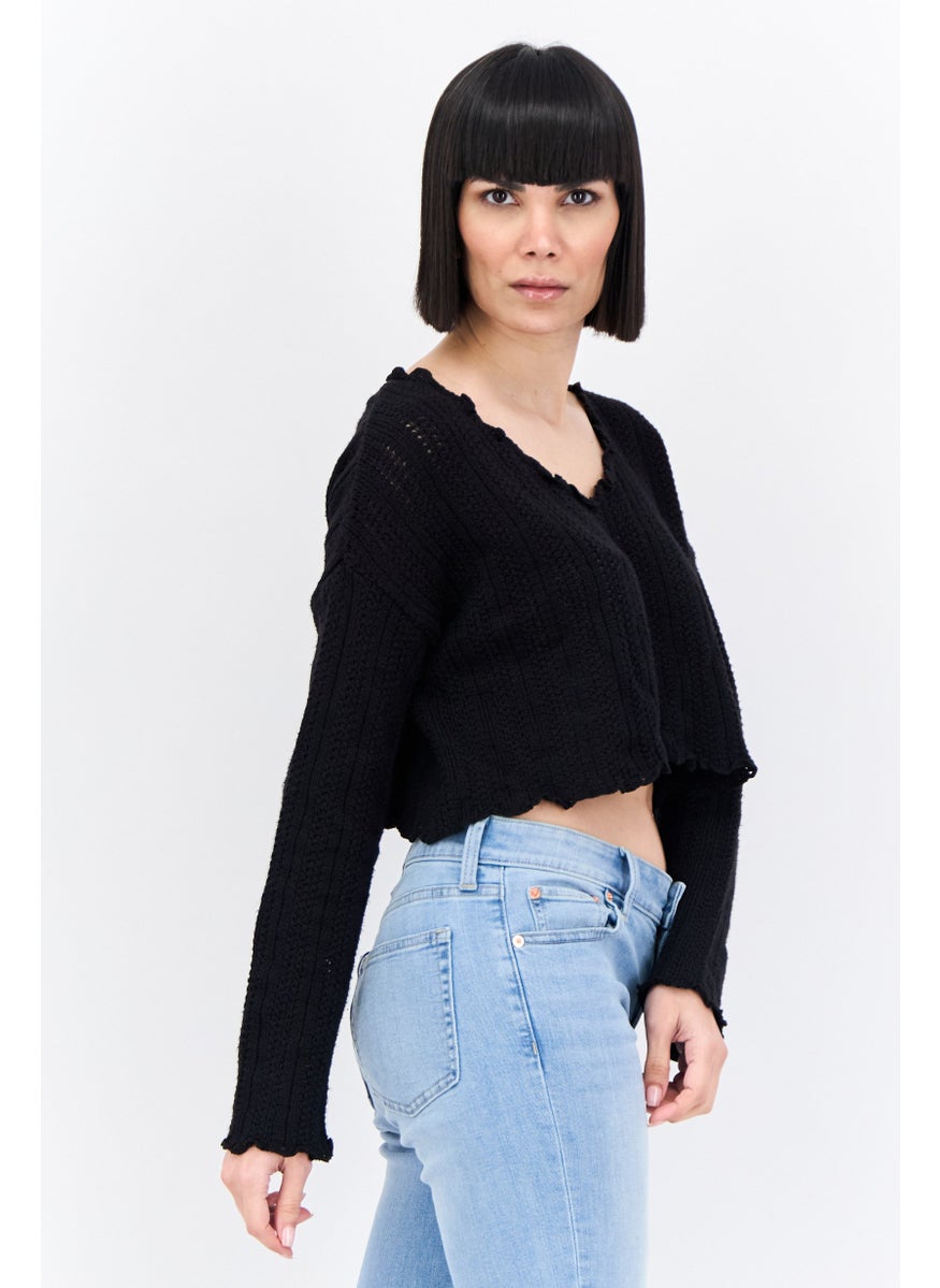 Bershka Women V-Neck Knitted Sweater, Black  - Image 2