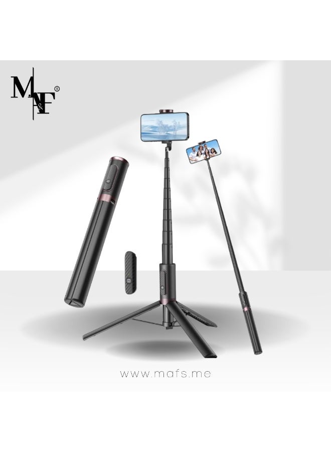 م.ا & ف'س حامل ثلاثي للهاتف بطول 150 سم، حامل ثلاثي للهاتف متعدد الاستخدامات مع جهاز تحكم عن بعد، محمول، خفيف الوزن لالتقاط صور السيلفي/البث المباشر/تسجيل الفيديو/السفر - أسود - Image 1
